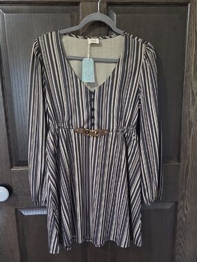 NKN Striped V-Neck Long-Sleeve Dress with Waist Buckle Detail